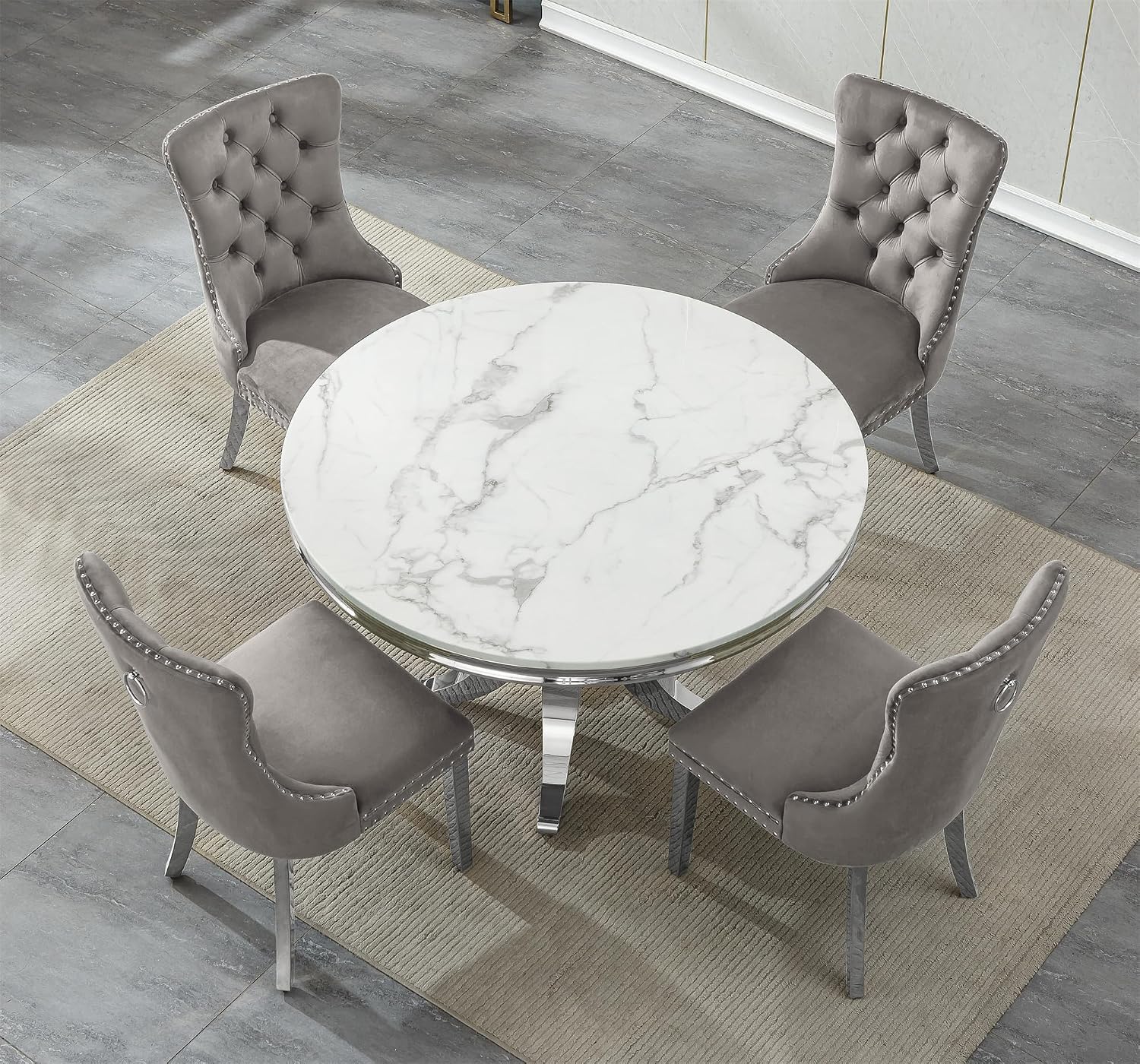 5-Piece White Marble Round Dining Table Set for 4, Modern Faux Marble Kitchen Table Set for 4 with Grey Tufted Chair,Circle White Silver Dinner Tables with American-Style Pedestal Base