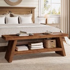 Solid Wood Entryway Bench, 2-Tier Wooden Storage Bench, Farmhouse Indoor Shoe Bench Seat for Entry, Living Room, Dining Room, Bedroom (Brown)