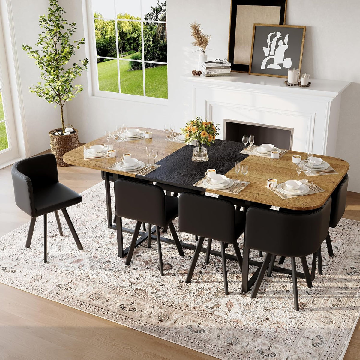 Dining Table Set for 8, 79" Large Dining Room Table Set for 8, Modern Farmhouse Kitchen Table Set for 8, Space Saving Wood Rectangular Dining Room Table with 8 Chairs for Home Gatherings