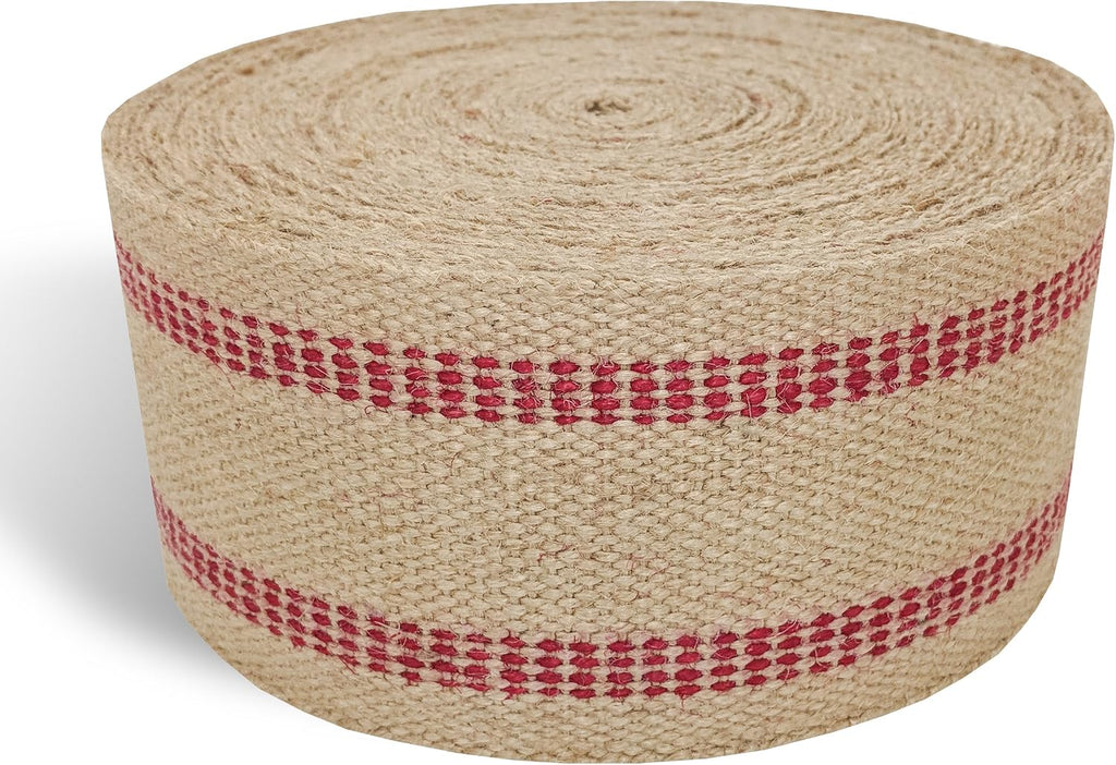 AK TRADING CO. Natural Jute Webbing (Burlap) 3.5 Inches X 72 Yards - Natural with Red Stripes for Reupholstering Couches, DIY Crafts, Bagels Boards and More
