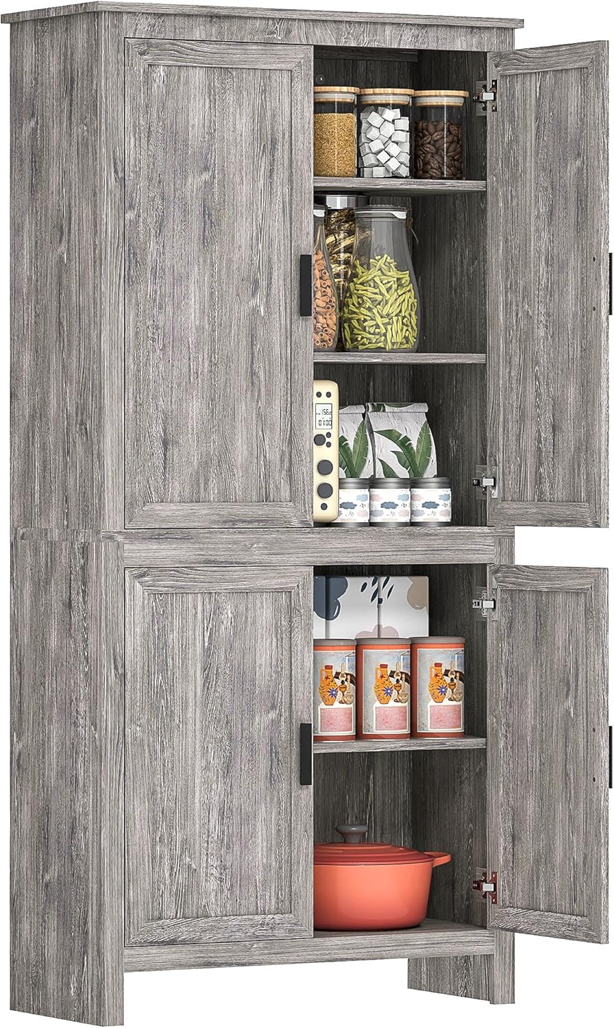 HOMCOM 64" Kitchen Pantry Cabinet, Freestanding Storage Cabinet with 4 Doors and 3 Adjustable Shelves for Dining Room, Gray Oak