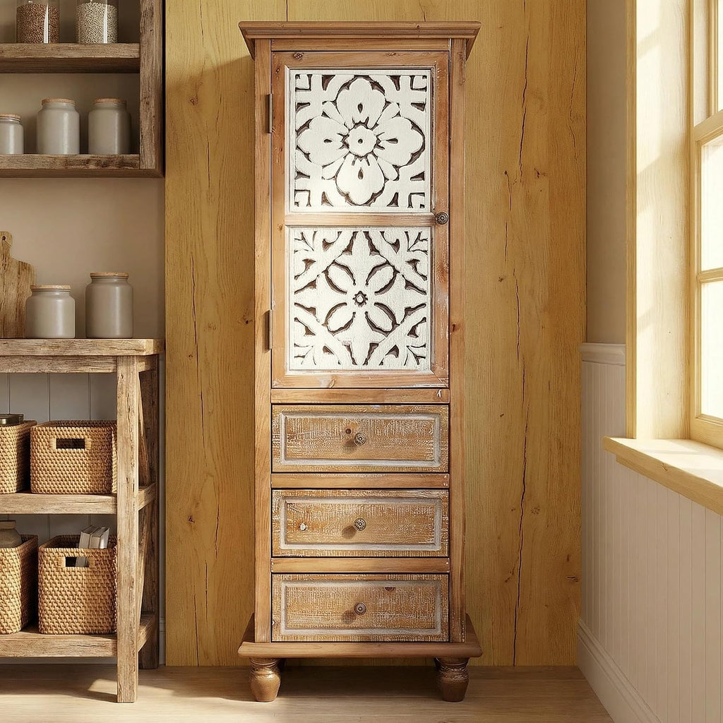 KTART 54''Tall Kitchen Pantry Cupboard Storage Cabine,Narrow Accent Cabinet | Solid Wood Frame;Farmhouse/French Country Narrow Corner Glass Display Cabinet;Narrow Storage Cabinet;Tall Accent Cabinet