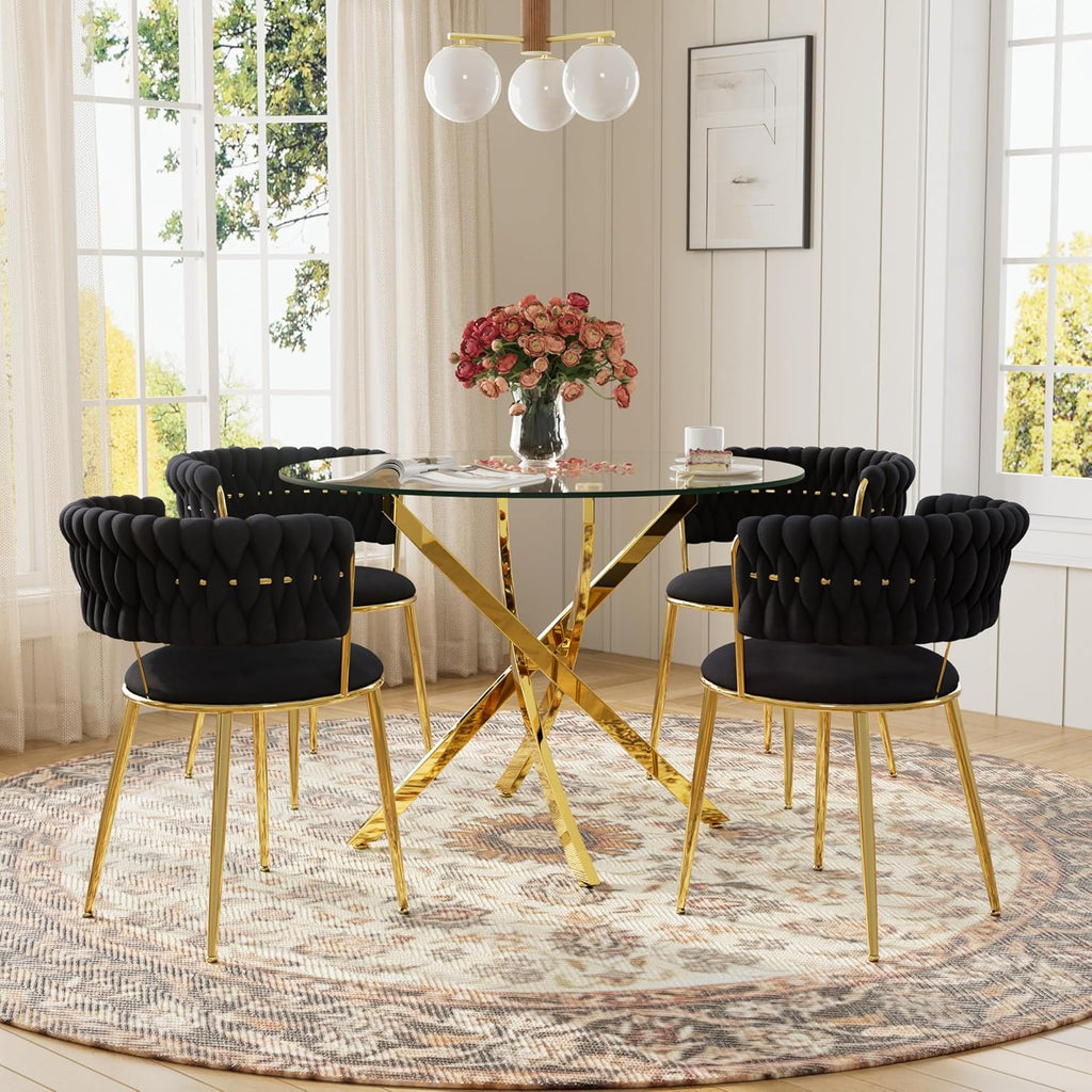 Round Glass Dining Table Set for 4, 36'' Small Circle Glass Kitchen Table with 4 Luxury Black Gold Velvet Dining Chairs, 5-Piece Dining Room Table Set for Small Place(Gold Base)