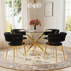 Round Glass Dining Table Set for 4, 36'' Small Circle Glass Kitchen Table with 4 Luxury Black Gold Velvet Dining Chairs, 5-Piece Dining Room Table Set for Small Place(Gold Base)