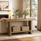 63-Inch Solid Wood Console Table, Narrow Farmhouse Entryway Table with 2-Tier Storage Shelf, for Hallway, Entrance, Living Room, Behind The Couch, Easy to Assemble, Brown