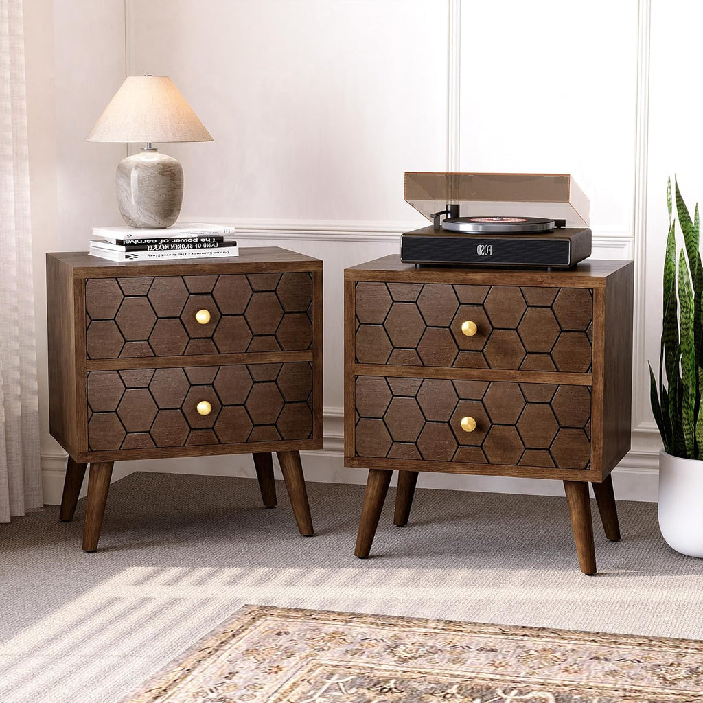 HOMPUS Wood Nightstand Set of 2, Modern Nightstand with Drawers Set 2 w Honeycomb Pattern, Small 2 Drawer Dresser, Bedside End Table with Solid Wood Legs for Bedroom, Dorm, Brown