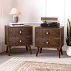 HOMPUS Wood Nightstand Set of 2, Modern Nightstand with Drawers Set 2 w Honeycomb Pattern, Small 2 Drawer Dresser, Bedside End Table with Solid Wood Legs for Bedroom, Dorm, Brown