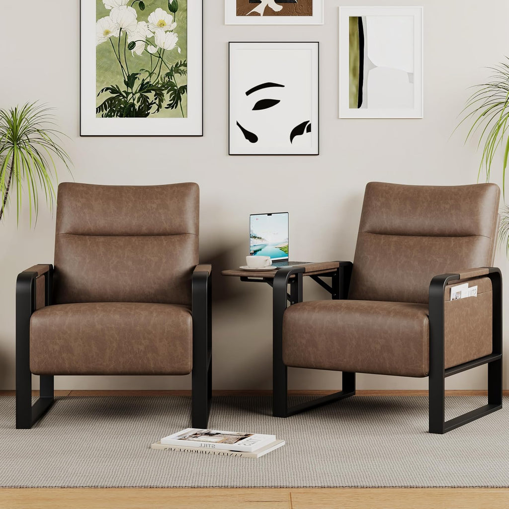 Upholstered Living Room Chair Armchair Set of 2, Mid Century Faux Leather Metal Accent Chair, Reception Couch Office Guest Chair Slipper Club Lounge Single Sofa with Sidetable for Bedroom-Brown