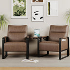 Upholstered Living Room Chair Armchair Set of 2, Mid Century Faux Leather Metal Accent Chair, Reception Couch Office Guest Chair Slipper Club Lounge Single Sofa with Sidetable for Bedroom-Brown