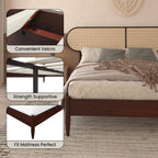 Queen Size Solid Wood Bed Frame, Rattan Boho Headboard, Dark Walnut