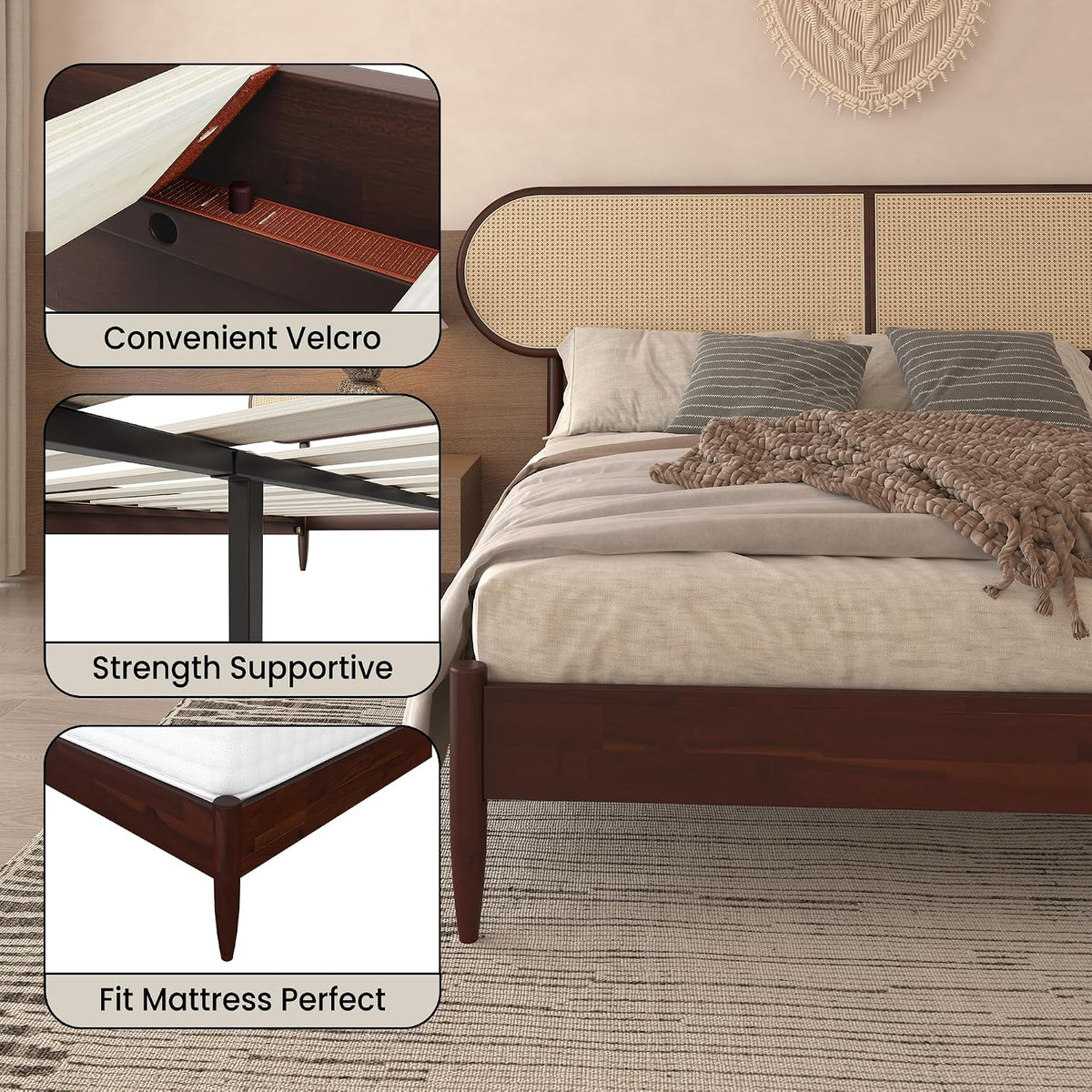Queen Size Solid Wood Bed Frame, Rattan Boho Headboard, Dark Walnut