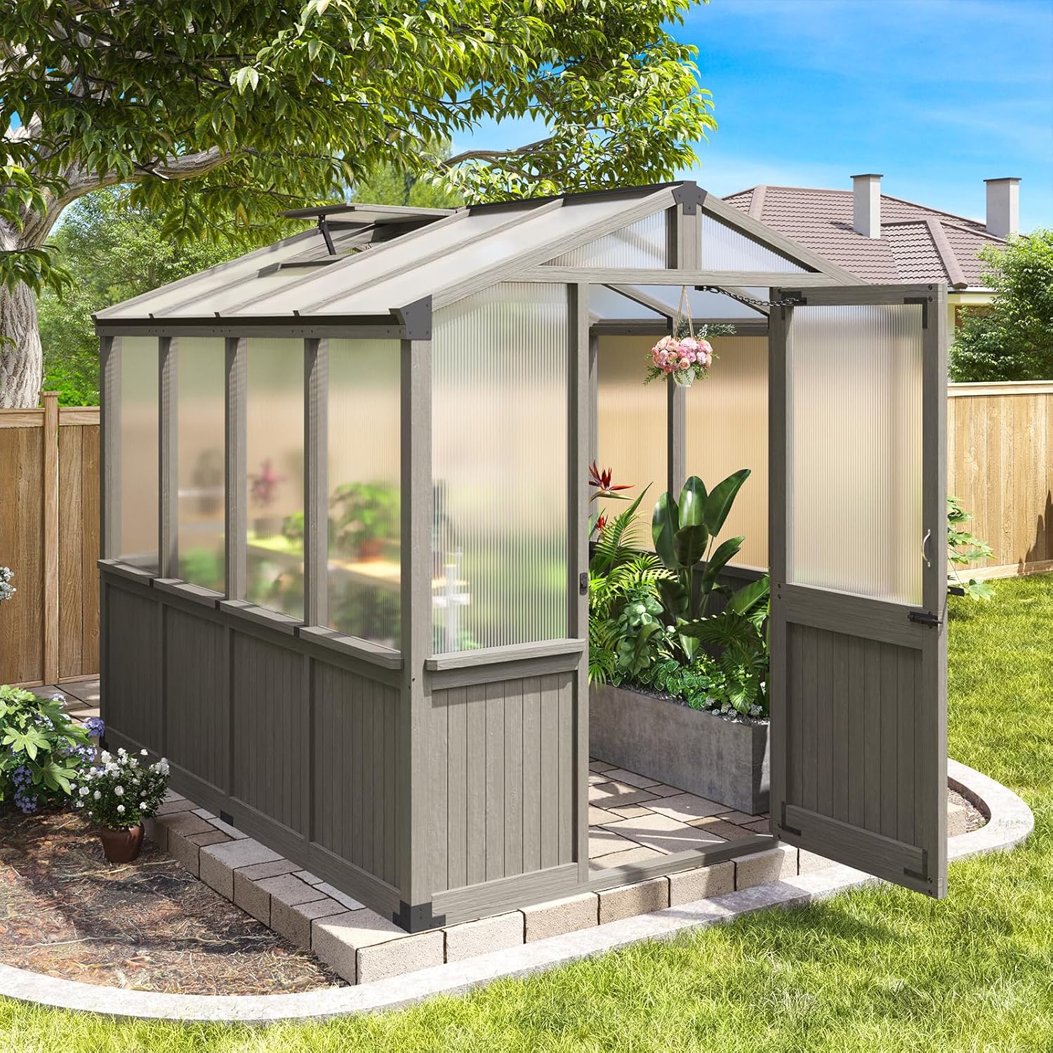 Aoxun 6x8 FT Wood Green House for Outdoors, Polycarbonate Panel Wooden Walk-in Greenhouse Kit with Automatic Temperature Control Roof Vent and Lockable Door, for Outside Backyard Garden, Gray