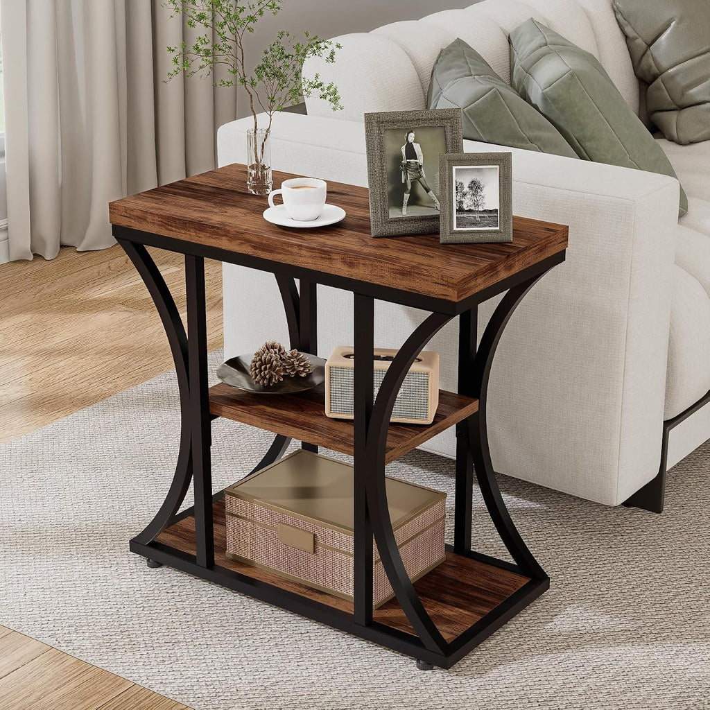 3 Tier End Table with Storage, Narrow End Table for Living Room and Bedroom, Small Space Wood and Metal Side Table, Rustic Brown