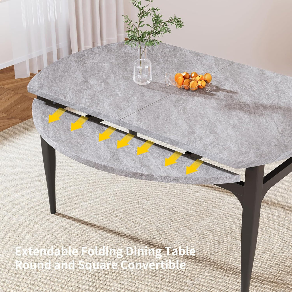 HIPIHOM Expandable Folding Dining Table Set, 55-Inch Round to Square Table with 6 Upholstered Chairs, Metal Frame, for Dining Room or Apartment (Round Table + 6 Black Modern Dining Chairs)