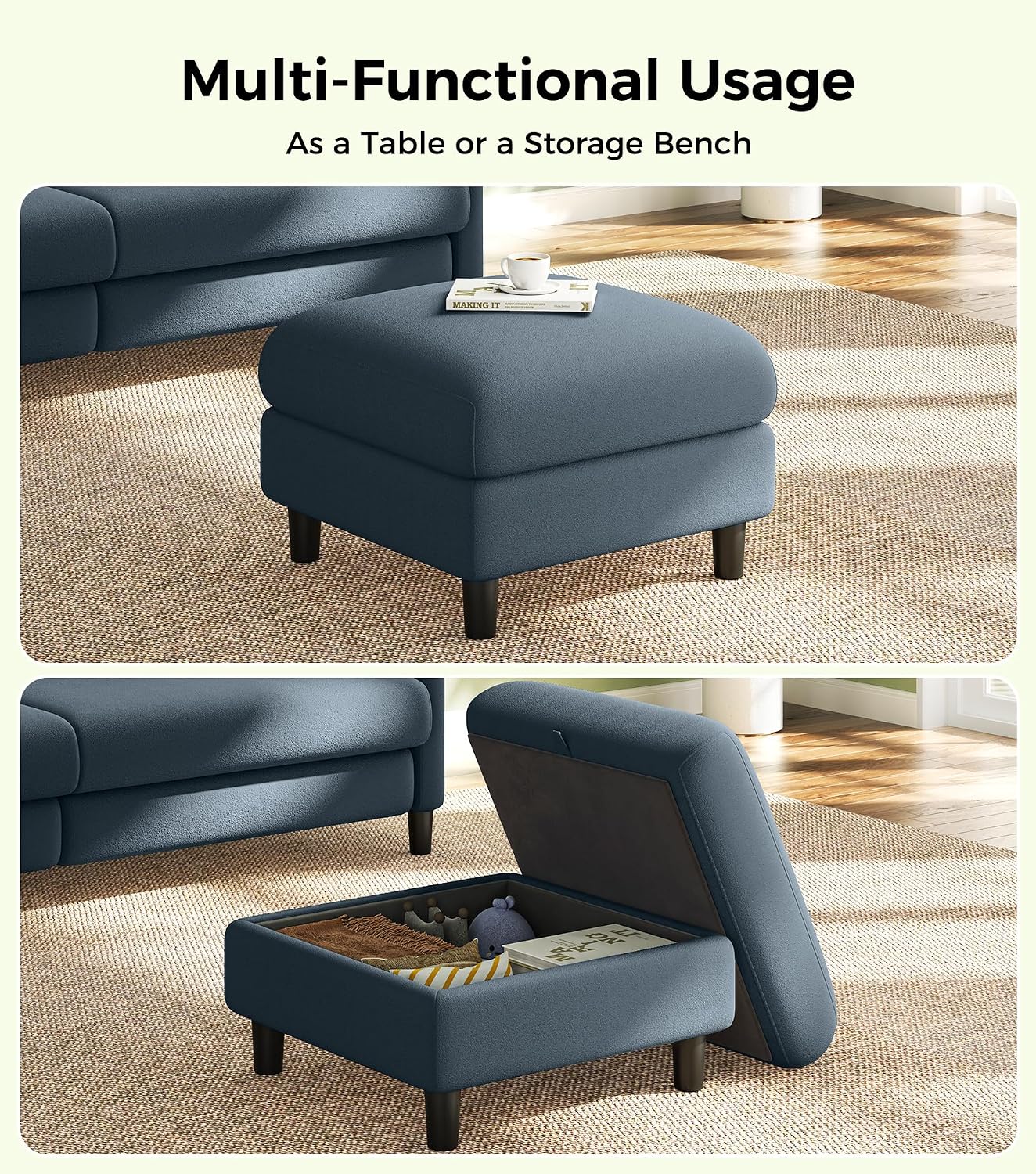 Welzona Teddy Storage Ottoman, 26.7"Large Living Room Ottoman, Coffee Table | All-Wood Ottomans with Storage, Tool-Free Setup Bench for Bedroom, for Welzona Loveseat Sofa Couch Living Room Set, Blue Grey