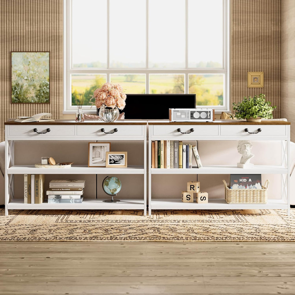 IRONCK 47.2" Farmhouse Console Table, Sofa Table with Drawer, Narrow Long Entry Table with 2 Shelf for Entryway, Living Room, Hallway, White/Walnut