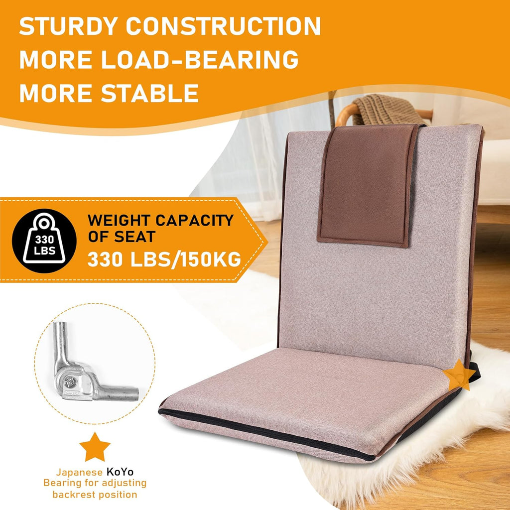 Adjustable Floor Chair with Back Support Foldable Meditation Seat, Coffee | 14-Position Adjust, 330lbs Weight Capacity, Washable Cover, Sturdy Bearings, Ground Seat for Adults, Portable for Meditation