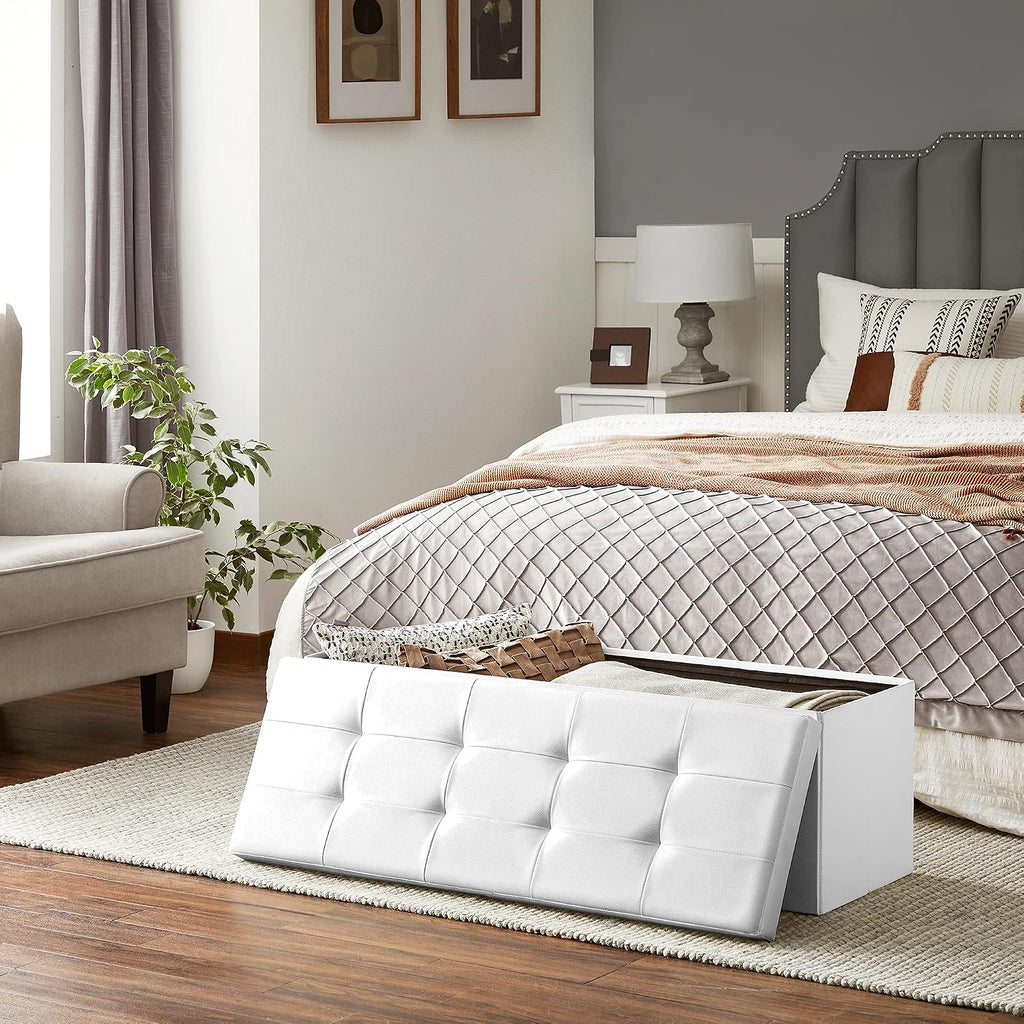 SONGMICS 43.3 Inches Folding Storage Ottoman Bench with Flipping Lid | Storage Chest Footrest Padded Seat, Iron Frame Support, Cloud White and Ink Black, MINOTA Collection ULSF75WT