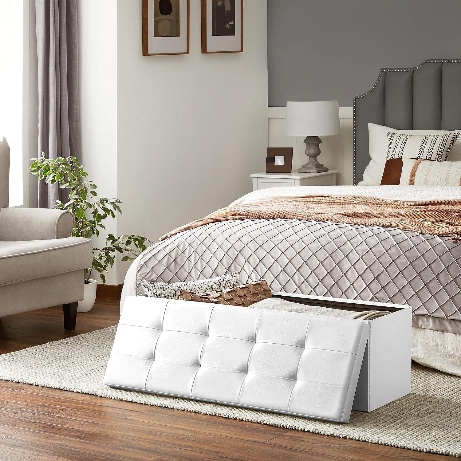 SONGMICS 43.3 Inches Folding Storage Ottoman Bench with Flipping Lid | Storage Chest Footrest Padded Seat, Iron Frame Support, Cloud White and Ink Black, MINOTA Collection ULSF75WT