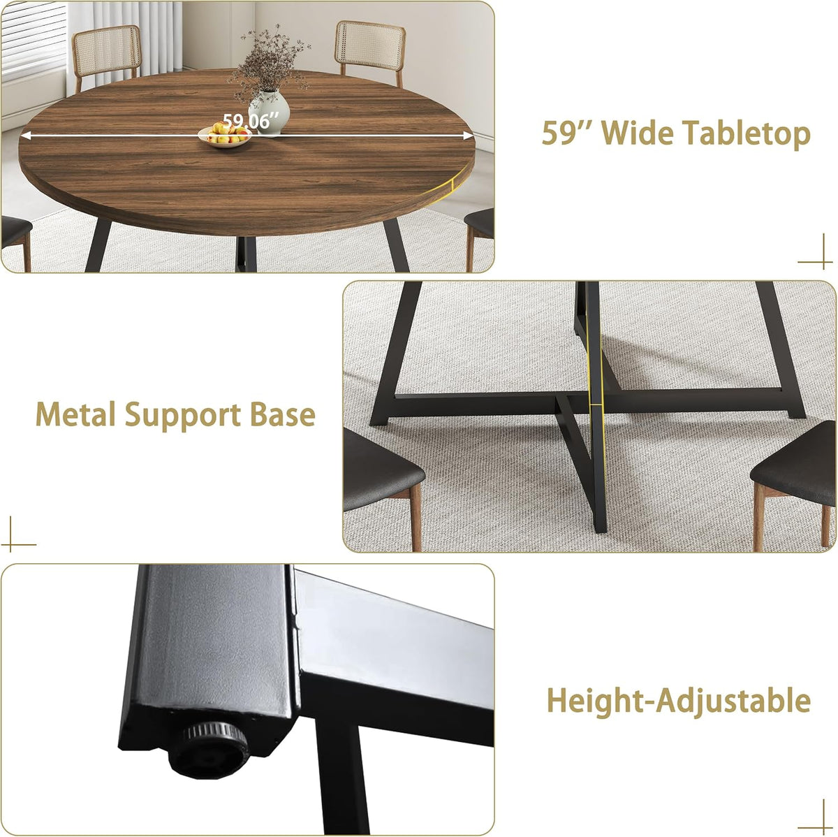59'' Round Dining Table for 8, Wood Round Dinner Tables with Metal Base, Kitchen Table with Waterproof Tabletop, Dark Brown