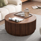 31.5" Round Coffee Table with Storage, Mid Century Modern Coffee Tables with Fluted Base, Wooden Circle Accent Center Table for Living Room Small Space Apartment Office (Walnut)