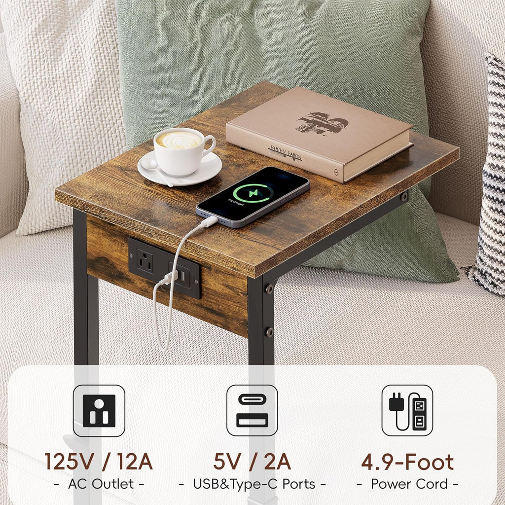 Vagusicc C Shaped End Table with Charging Station, 33"Tall Side Table for Couch, C-Table End Table Adjustable Height Side Table,Slide Under Couch Table TV Tray Table for Sofa,Living Room,Bedroom,Brown