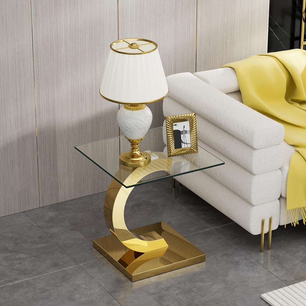 Henf Square Glass End Table Luxury Accent Sofa Side Table, Modern Glass End Tables Nightstand with Tempered Glass Top and Gold Mirrored Stainless Steel Base for Living Room Bedroom