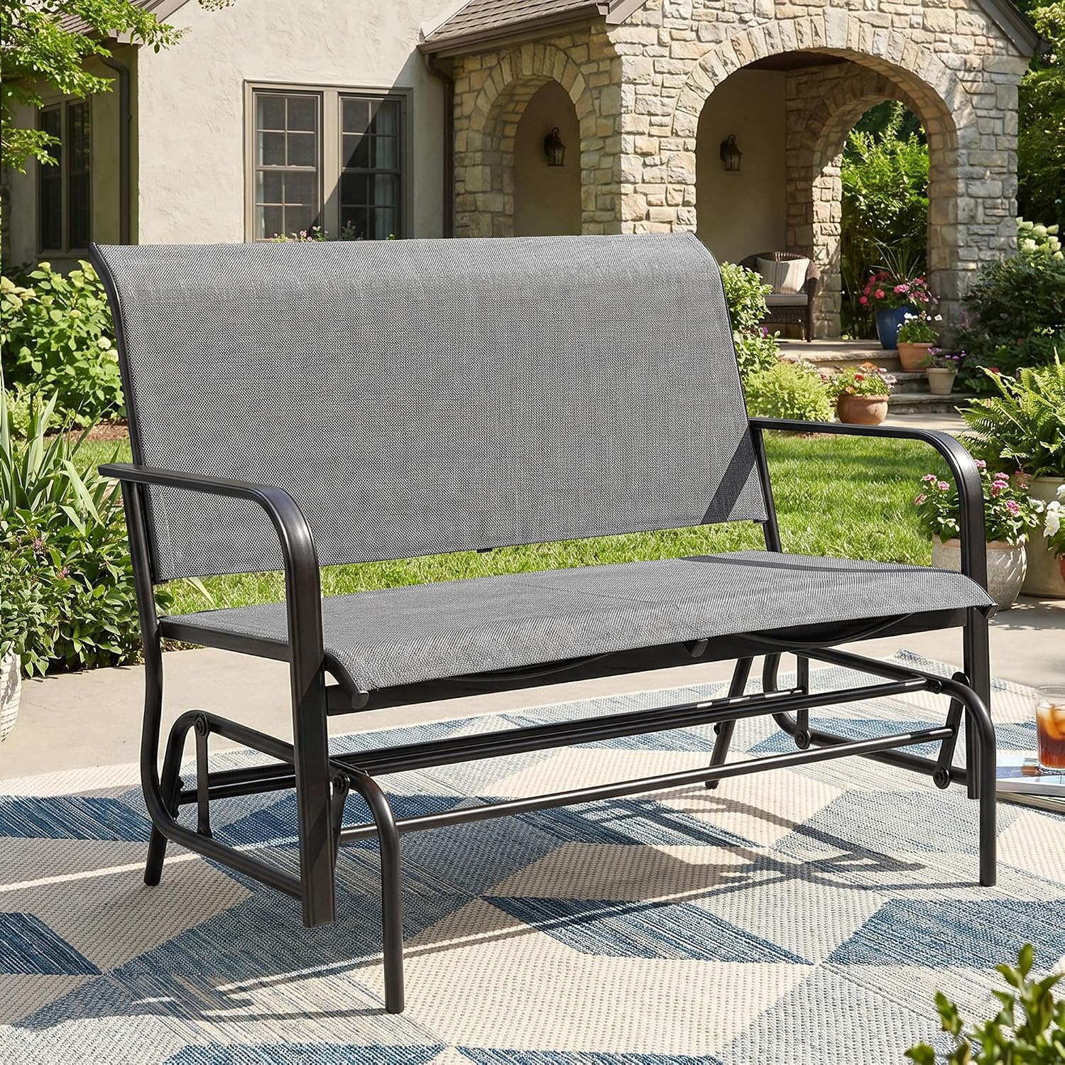 Shintenchi 2-Person Outdoor Glider Bench with Breathable Fabric, Steel Frame Patio Swing Chair, Ergonomic Design Metal Rocking Bench Loveseat for Patio, Backyard, Poolside, Gray
