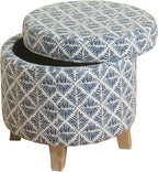 Homepop Home Decor | Upholstered Round Storage Ottoman | Ottoman with Storage for Living Room & Bedroom with Flared Legs, Navy Blue Geometric Pattern Large