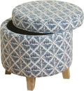 Homepop Home Decor | Upholstered Round Storage Ottoman | Ottoman with Storage for Living Room & Bedroom with Flared Legs, Navy Blue Geometric Pattern Large