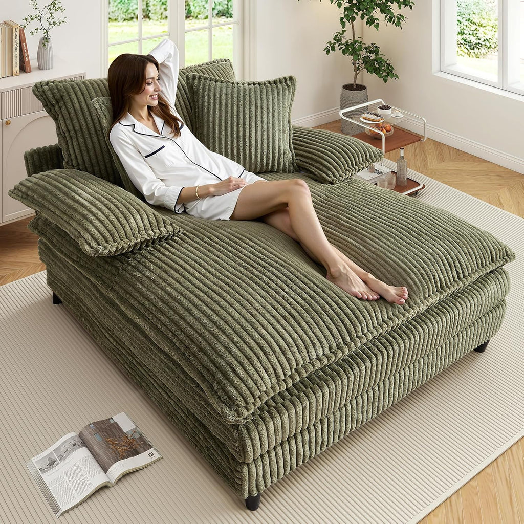 WESTSETLUX 54.8" W Oversized Chaise Lounge Chair Indoor with 5-Position Adjustable Backrest, Corduroy Sleeper Sofa Bed with 3 Pillows, Modern Cloud Couch Chair for Living Room, Bedroom, Green