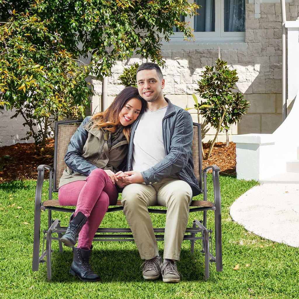 GIANTEX Patio Glider Benches for Outside, Swing Glider Chair w/Steel Frame | 400 LBS Capacity, Patio Swing Rocker, 2-Person Loveseat for Backyard, Poolside, Lawn, Balcony, Porch Glider Bench(Brown)