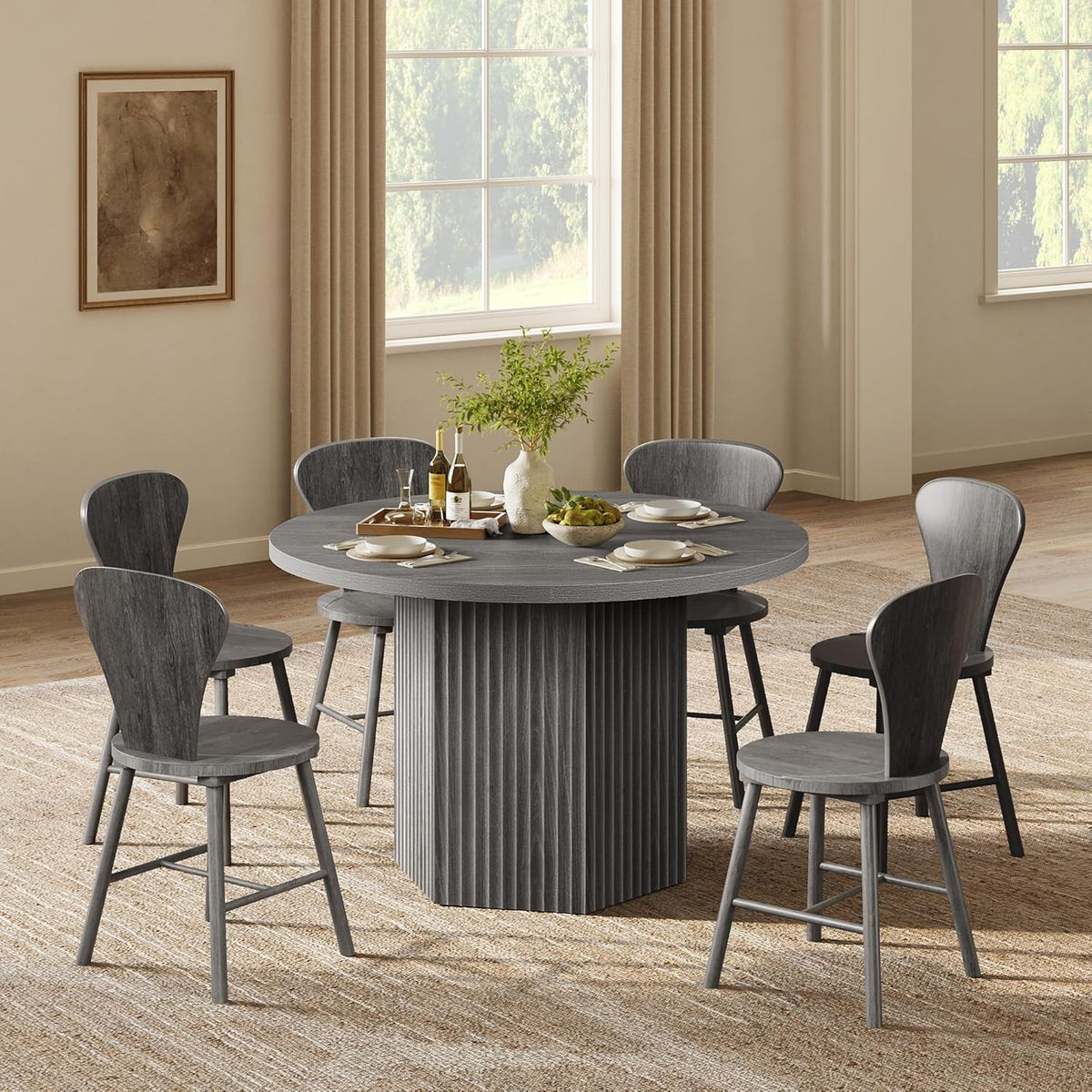 SICOTAS Round Dining Table for 4 6 People 47" Fluted Kitchen Dinner Table Modern Wooden Circle Dining Room Table with Sturdy Base for Dining Room Kitchen Living Room, Dark Grey Alder