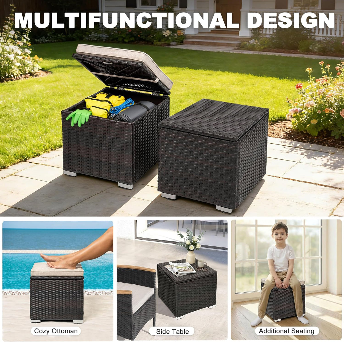 NUU GARDEN Outdoor 2 Piece Outdoor Patio Ottoman, All Weather Rattan Wicker Ottoman Seat, Outdoor Footstool Footrest Seat with Removable Cushion, for Patio, Backyard, Side Table, Black and Beige