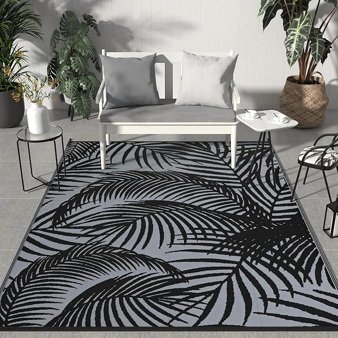 GENIMO Outdoor Rug 6' x 9' Waterproof for Patio Clearance, Reversible Plastic Straw Camping Carpet, Lightweight Mats for Rv, Backyard, Deck, Porch, Picnic, Beach, Balcony, Mix-Black & Gray