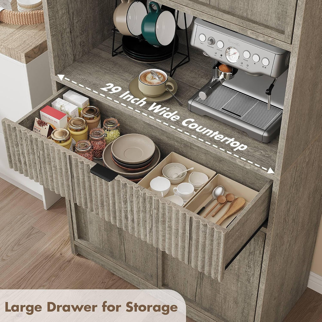 IDEALHOUSE Tall Storage Cabinet, 70" Kitchen Pantry Cabinet with Doors, Fluted Kitchen Hutch Cupboard with Microwave Shelf & Drawer, Freestanding Cupboard for Dining Room, Living Room, Gray