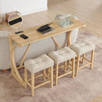 Merax 59 Inch Industrial Bar Table Set with Power Outlet, 3 Linen Upholstered Stools, Counter Height Table Set with 24 Inch Seat Height Stools for Kitchen, Living Room,Light Oak+Beige