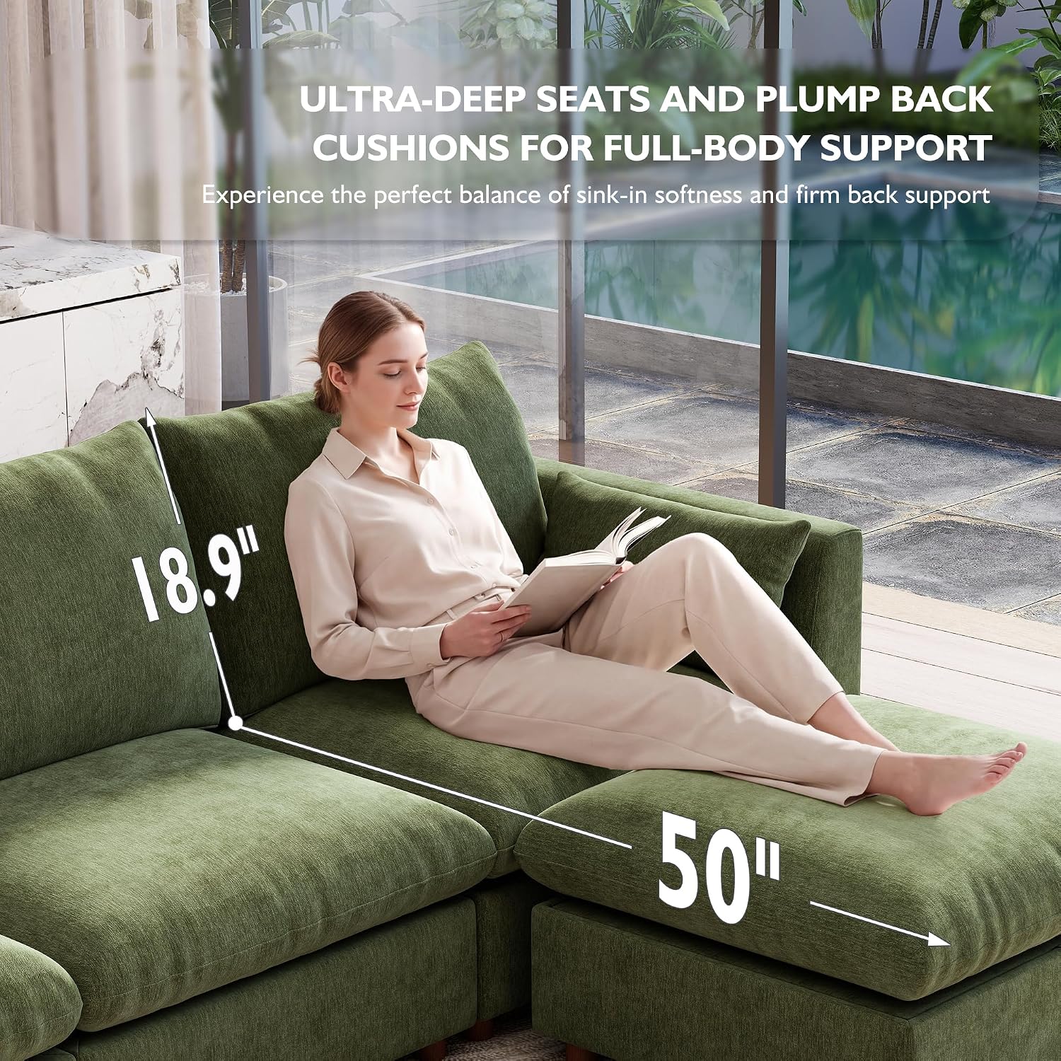 Ihanherry 111" Oversized Modular Sectional Sofa, Modern V Shaped Cloud Couch with Storage Ottoman, 6-Seat Comfy Chenille Deep Seat Sofa with 2 Pillows for Living Room, Green