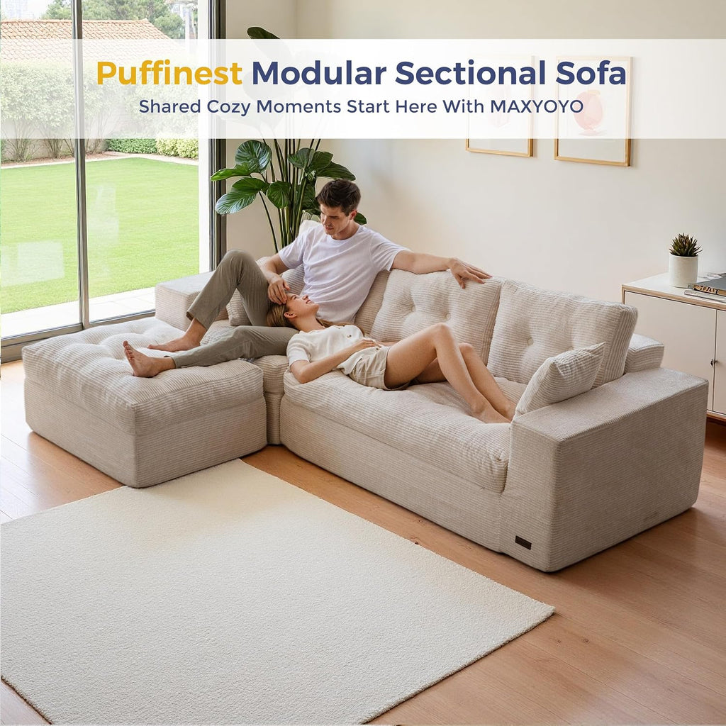 MAXYOYO Couch, 96-Inch L-Shaped Cloud Couch with Ottoman | Beige Layered Cushioning and Flexible Modules Create an Upholstered Sofa in a Box with No Assembly for Spacious Living Rooms.