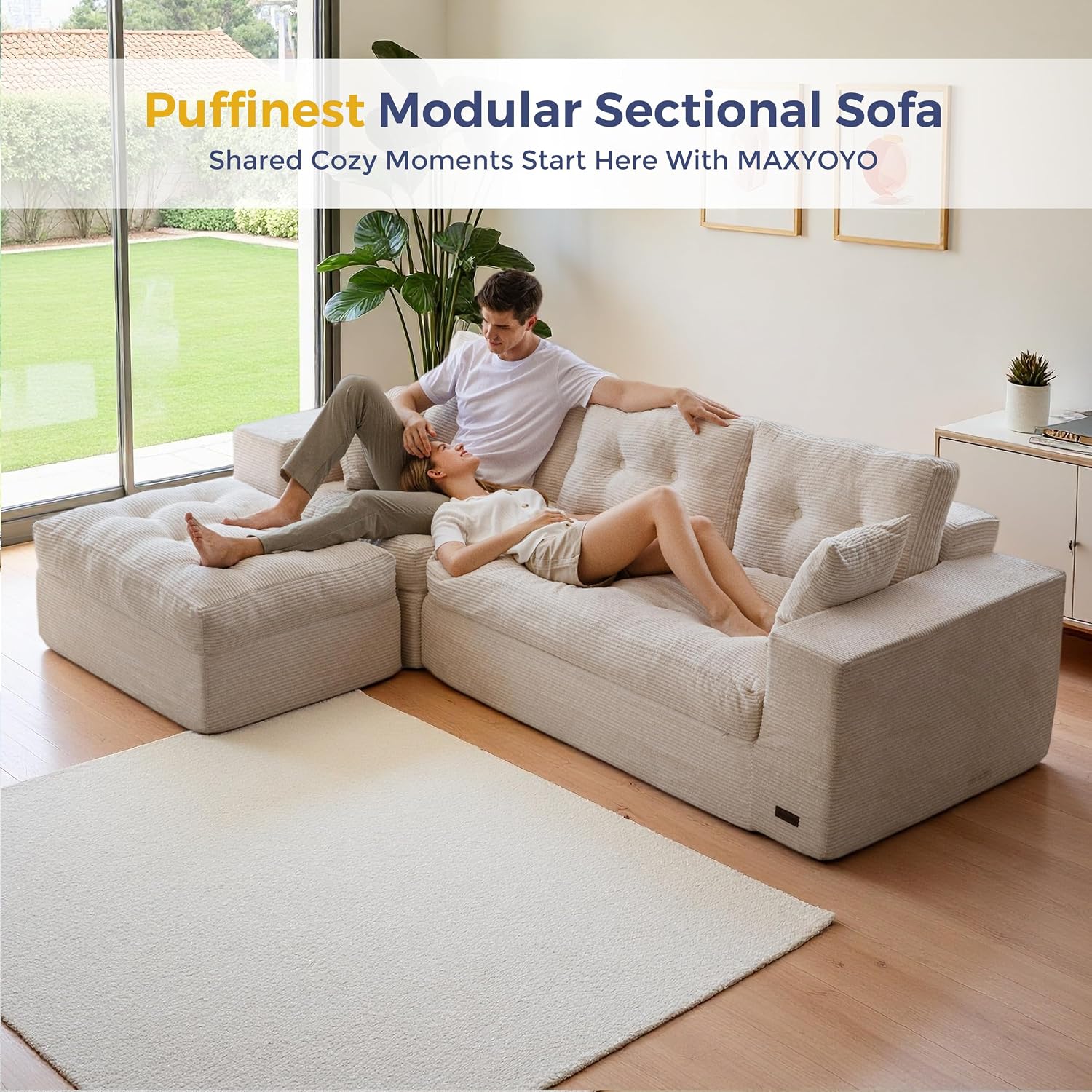 MAXYOYO Couch, 96-Inch L-Shaped Cloud Couch with Ottoman | Beige Layered Cushioning and Flexible Modules Create an Upholstered Sofa in a Box with No Assembly for Spacious Living Rooms.