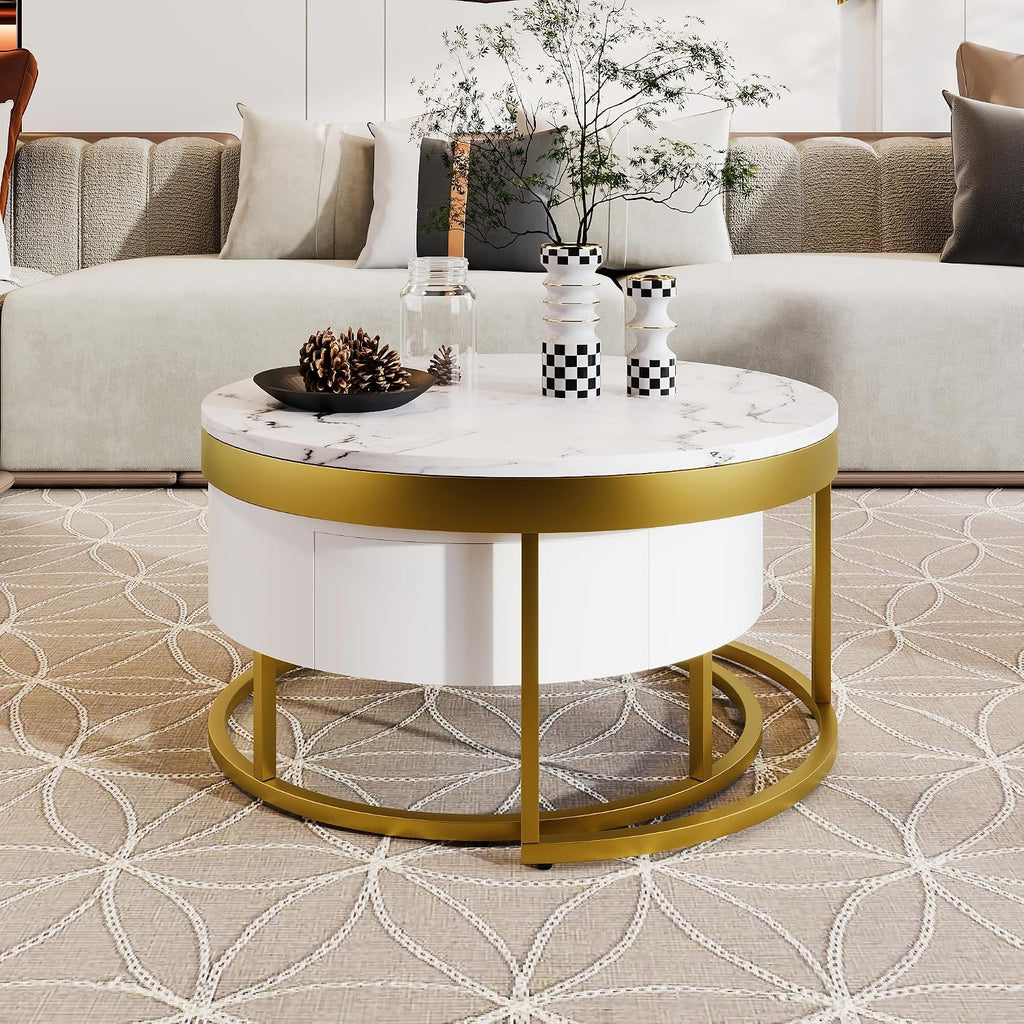 32" Space Saving Nesting End Table, Nesting End Tables with Storage Drawers, Coffee Table Set with Sleek Modern Design for Versatile Home Usage, Golden+White