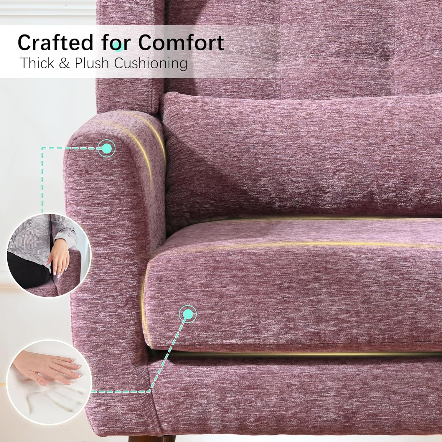Modern Accent Chair, Upholstered Armchair with Pillow, Fabric Single Sofa Chair with Lounge Seat Solid Wood Legs Accent Chair for Living Room Bedroom Small Spaces (Purple)