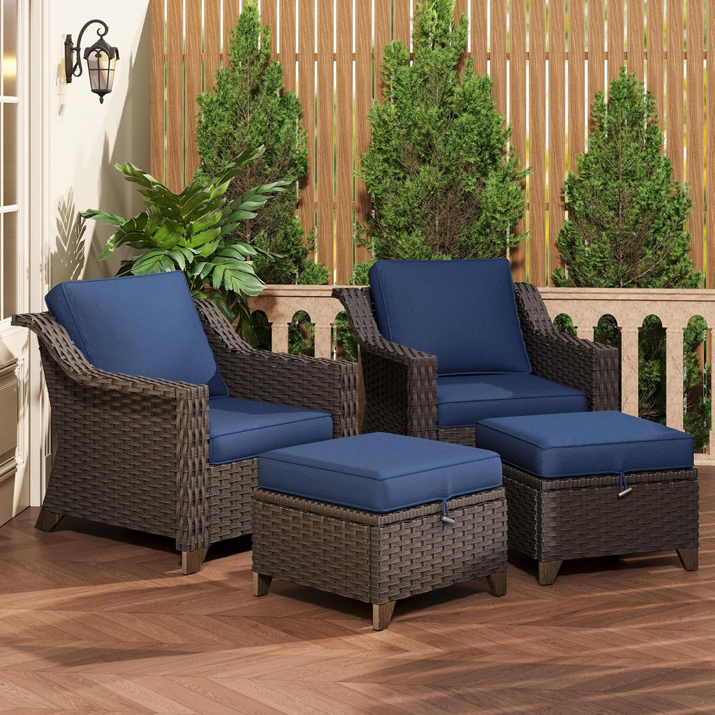 4 Pieces Patio Conversation Furniture Set - 2 Chairs with Ottomans Set of 2, Outdoor Wicker Armchairs with Water-Resistant and Washable Cushions for Porch, Balcony, Sunroom (Navy Blue)