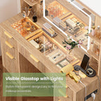 Fluted Vanity Desk with 30.2" Mirror and Lights, Glass Top Makeup Vanity with Desktop Light Strips, 5 Drawers, 2 Cabinet & 6 Open Shelves, Power Outlet, Lighting Adjustable,Natural