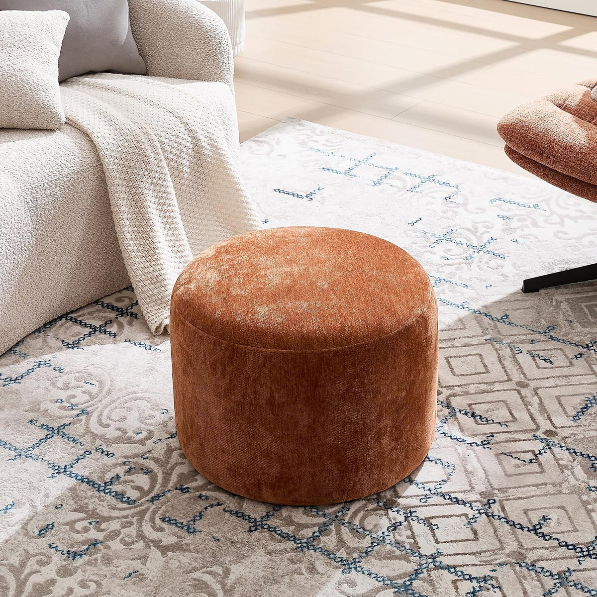 Flouki Pouf Ottoman Footrest, Foot Stools, Modern Round Upholstered Ottomans, Ottomans Pouffe, for Living Room, Bedroom, Entryway, Dorm, Selected Fabric (Orange-Brown, Set of 2)