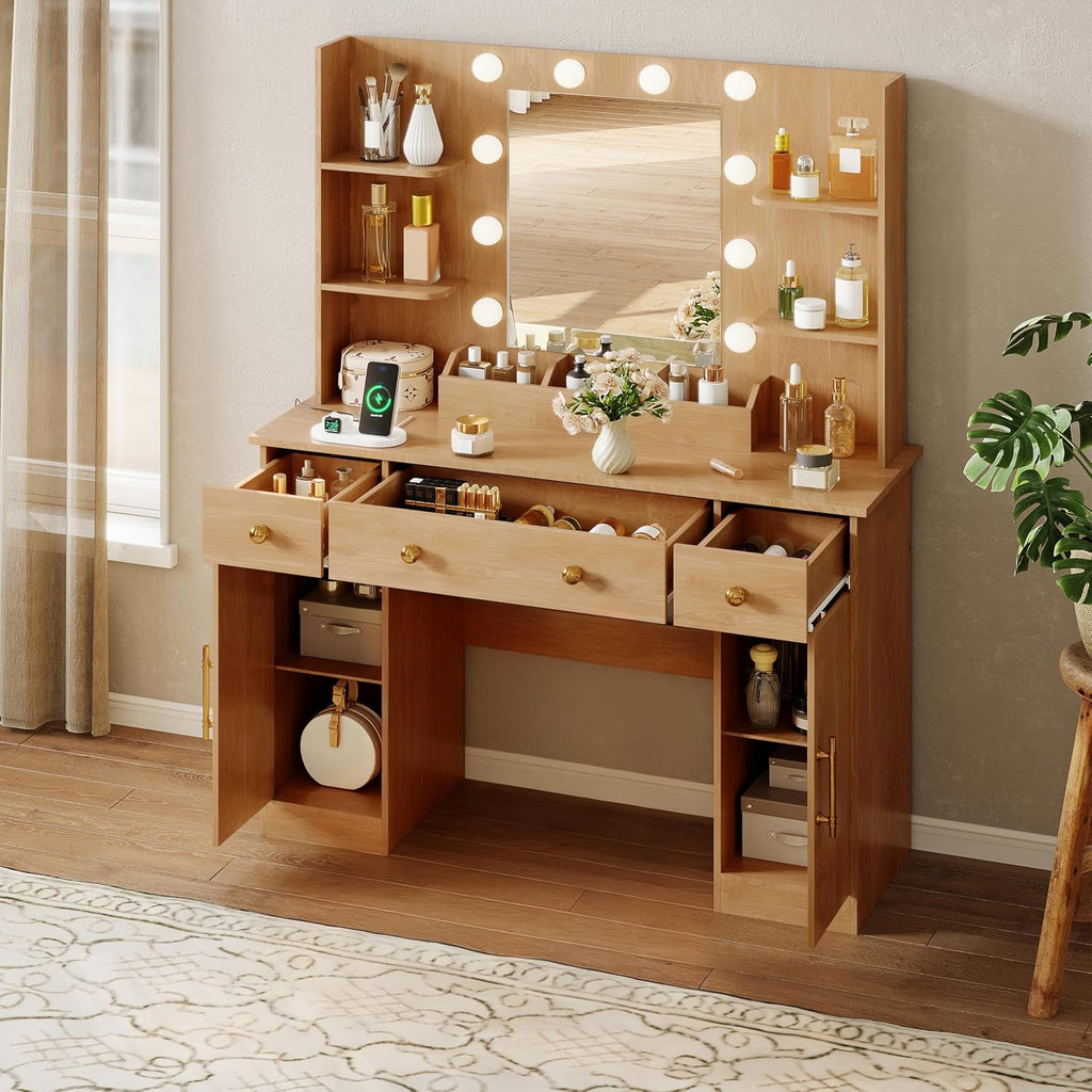 HUANLEGO Vanity Desk with Mirror and LED Lights & Strips for Girls, Oak