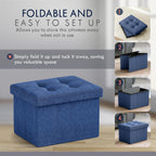 Ornavo Home Small Storage Ottoman Foldable Collapsible Rectangle Linen Ottoman Foot Rest Stool Seat, for Living Room, Bedroom, Home Office, Dorm - 12 x 16 x 12, Navy Blue