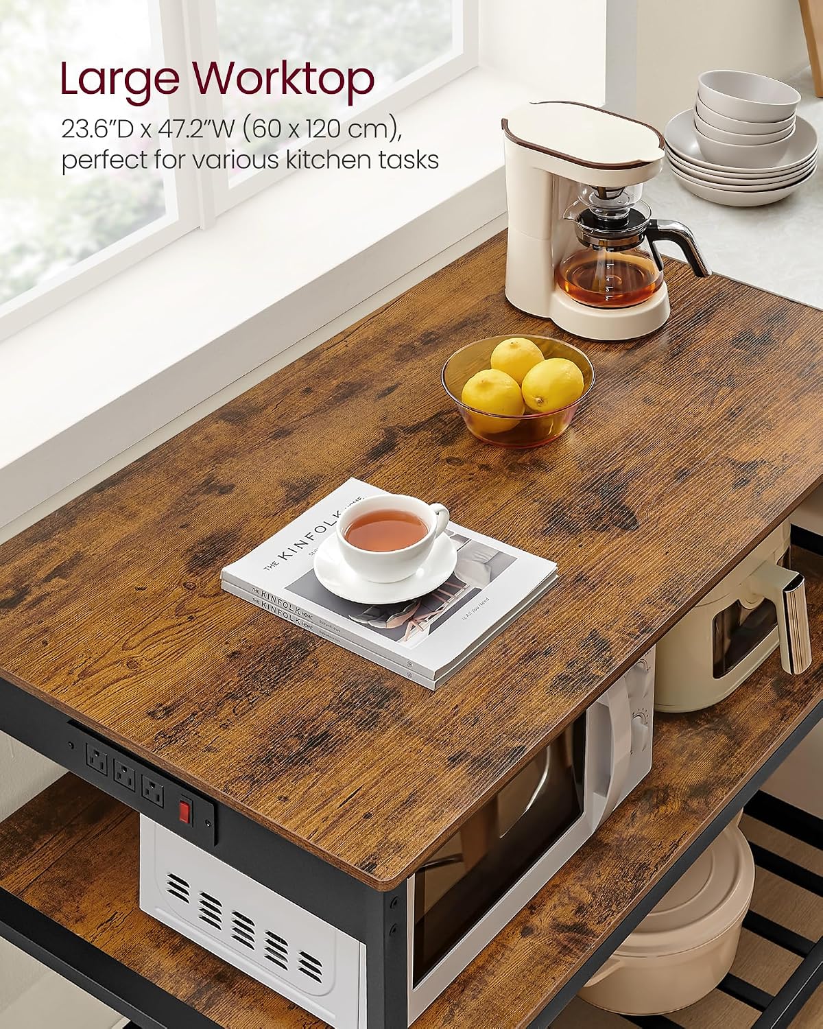 VASAGLE Kitchen Island with 3 Shelves, Storage Cabinet, Steel Structure | Kitchen Shelf with Large Wooden Worktop, 47.2 Inches Width, Rustic Brown and Matte Black, BARNET Collection UKKI101K01