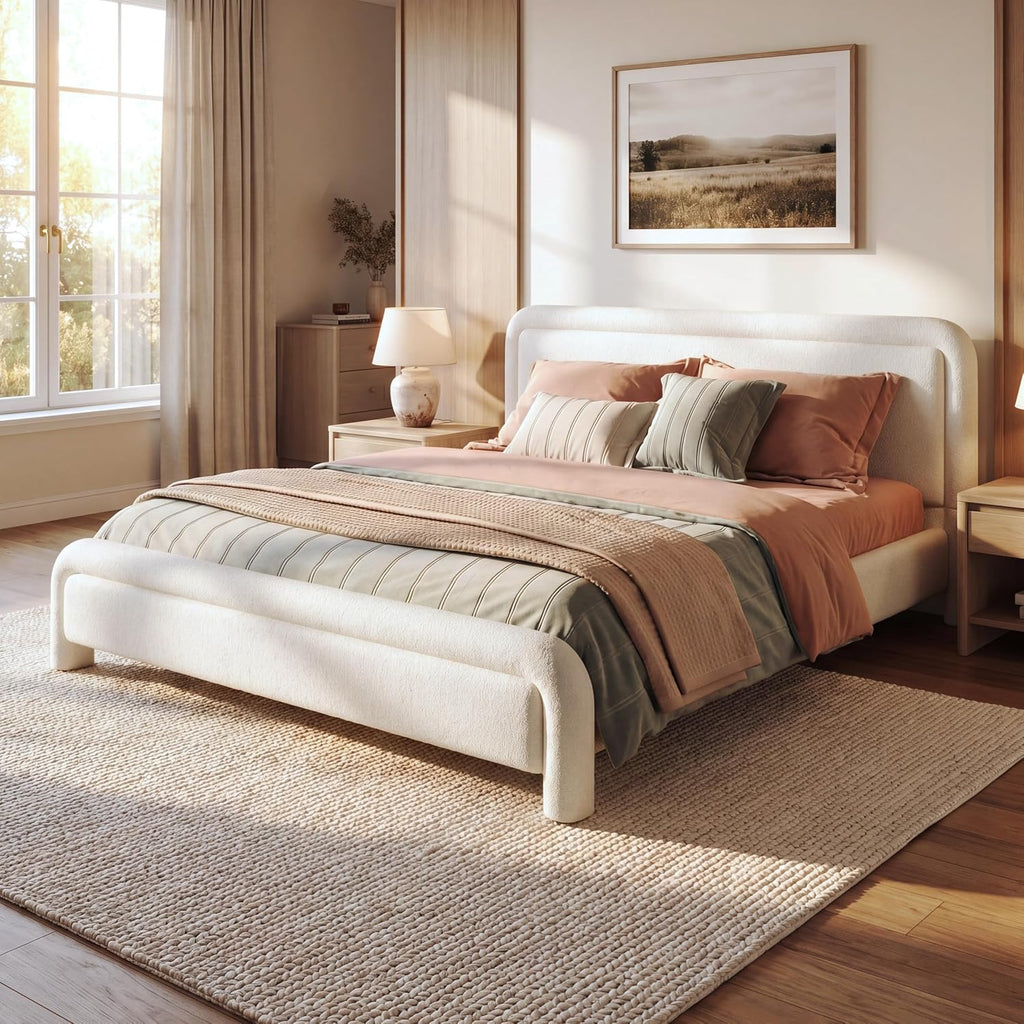 Merax Queen Size Upholstered Bed Frame with Upgraded Curved Boucle Fabric Headboard,Wooden Slats Support for Bedroom,Modern Design Easy Assembly