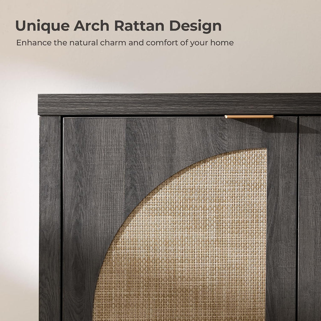 SICOTAS 102"W Rattan Sideboard Buffet Cabinet Set of 3, Modern Credenza Storage Cabinet with Arch Doors & Shelves, Boho Coffee Bar Media Console Cabinets for Kitchen, Living Room, Entryway, Black Oak
